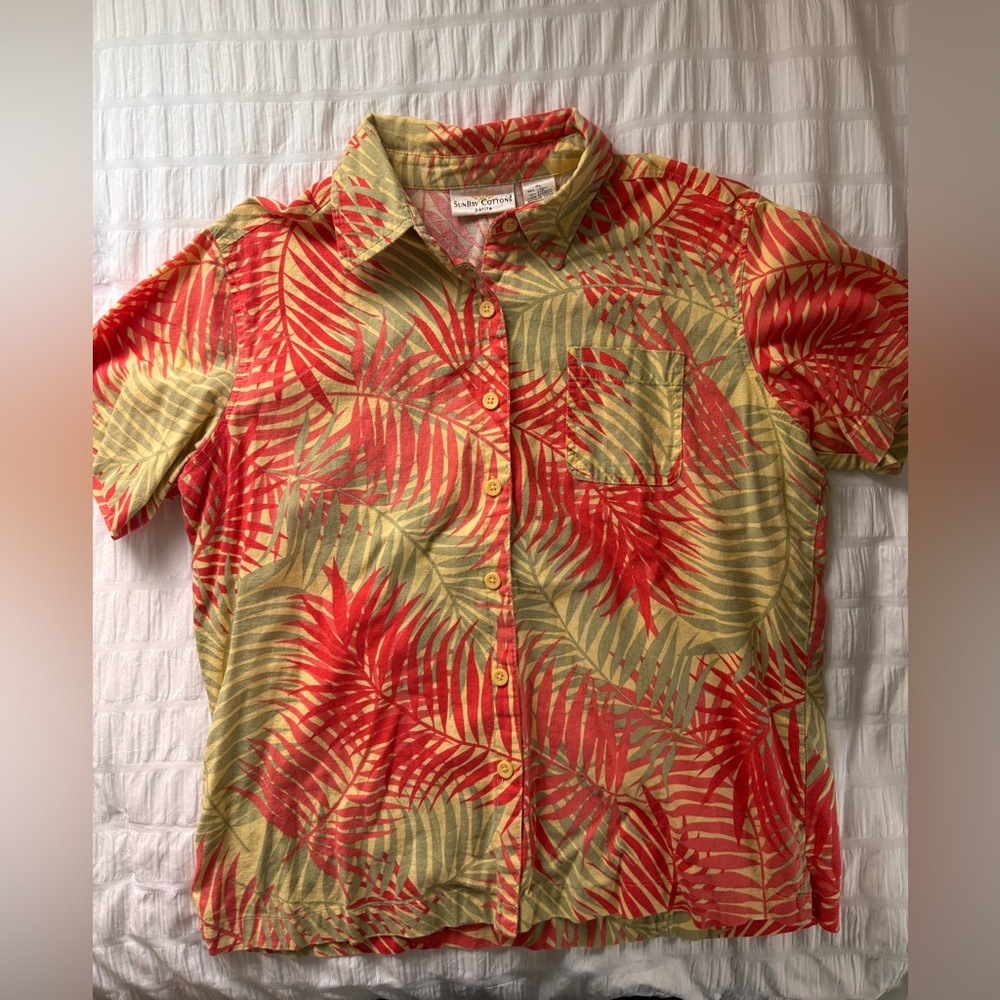 Tropical Red and Olive Leaf Print Shirt